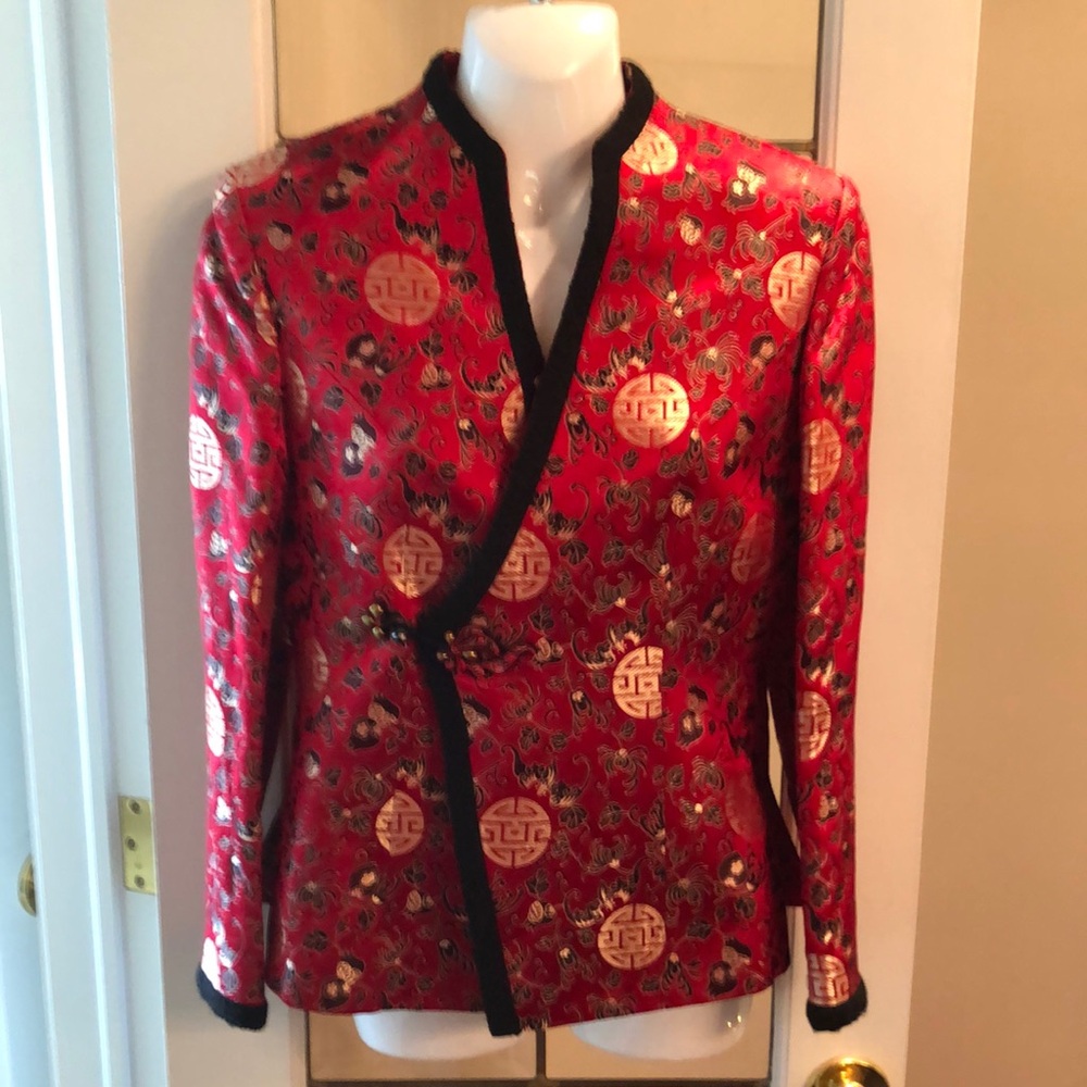 Red Brocade Asian-Style Women's Jacket with Black Trim